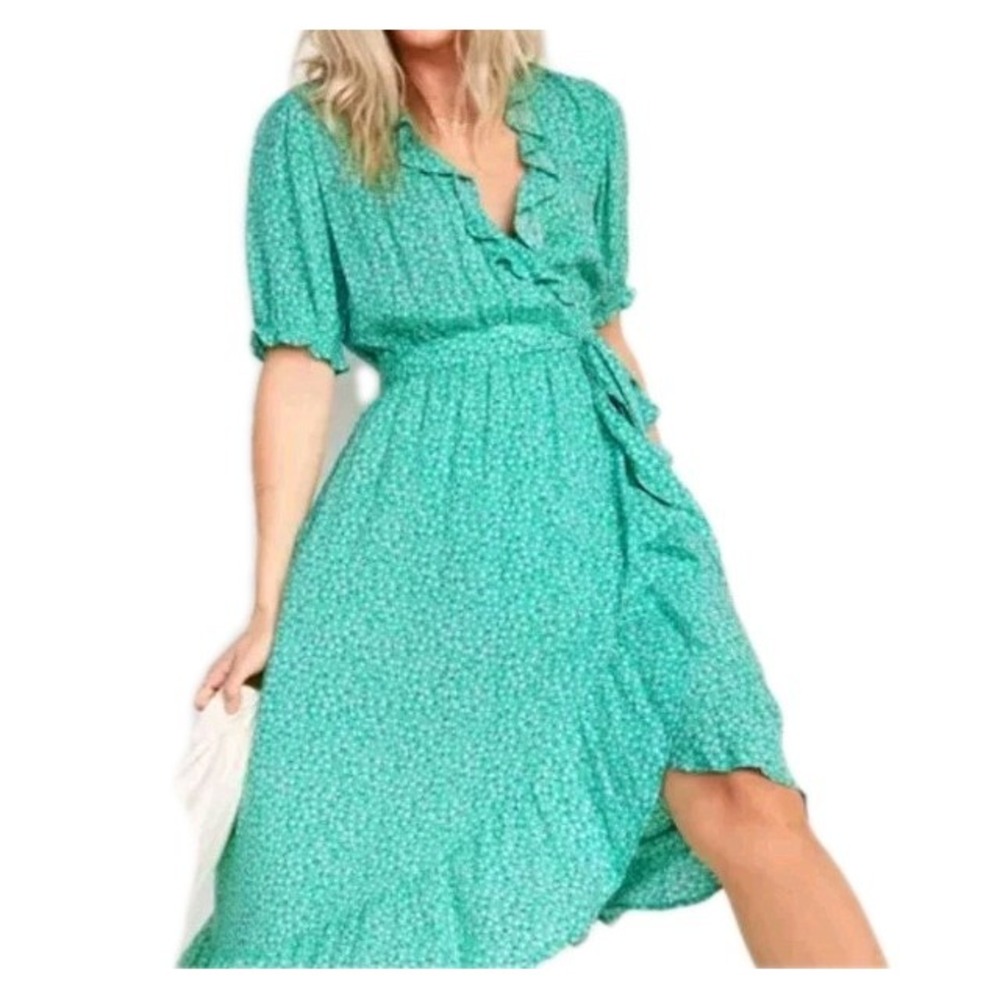 Old Navy Womens Tiered Ruffle Wrap Midi Dress Sz Large Green Floral Cottagecore